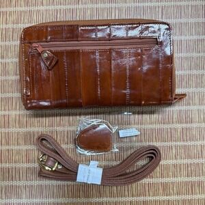New VTG Brown Eel Skin Organizer Wallet To Crossbody Mini Purse Lee Sands 8.5 X5